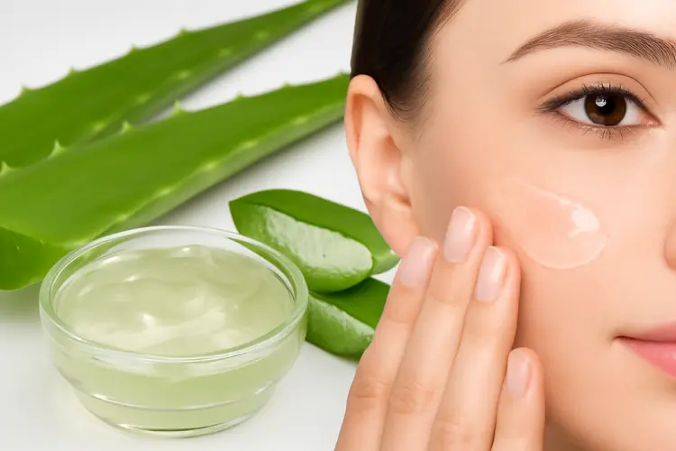 Woman applying aloe vera gel on face with fresh aloe vera leaves for skin whitening