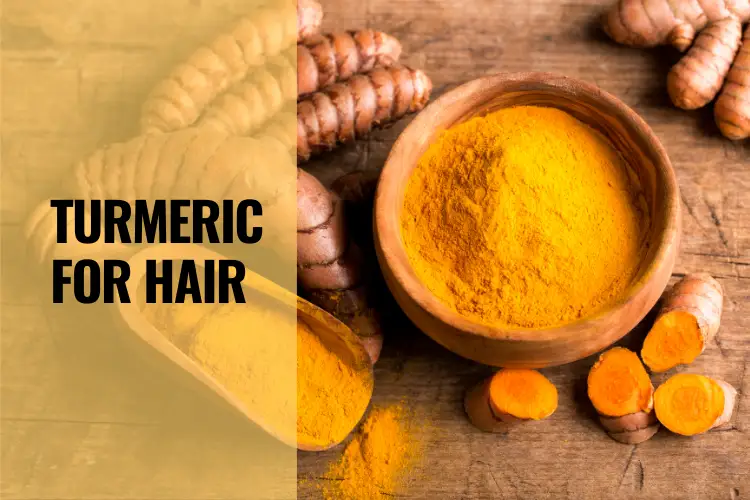 Bowl of turmeric powder used for natural hair growth treatment
